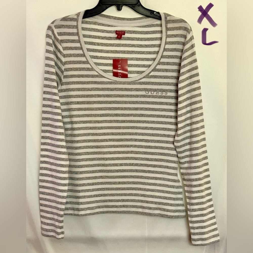 Guess Women's Long Sleeve Gray Striped Tee